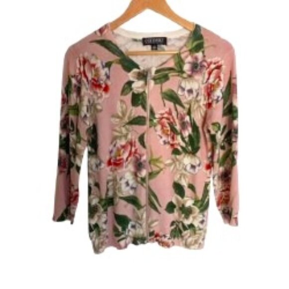 Context Pink Floral Zipper Front Sweater Medium - Picture 1 of 4